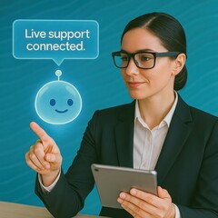 Poster - A professional woman is shown interacting with a cute virtual assistant bot, with a speech bubble conveying that live support is connected. customer service