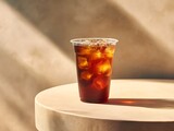 Plastic glass cup of cold ice brew black americano coffee beans on a table brown warm background closeup with copy sapce