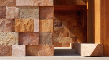 Poster - Warm Textured Stone Wall with Natural Patterns and Wood Accents in Modern Architectural Design