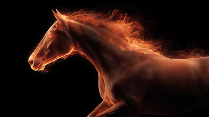 Poster - A powerful horse with glowing eyes and body surrounded by orange fire. Fiery equine power. Digital art for fantasy or mythical themes.