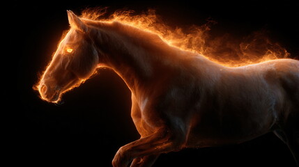 Poster - A powerful horse with glowing eyes and body surrounded by orange fire. Fiery equine power. Digital art for fantasy or mythical themes.
