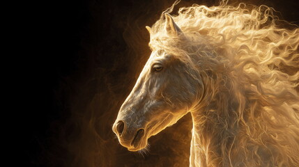 Poster - White horse rearing up, illuminated by golden glowing lines like energy or magic. Digital art, fantasy creature, power concept.