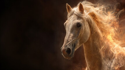 Poster - White horse rearing up, illuminated by golden glowing lines like energy or magic. Digital art, fantasy creature, power concept.
