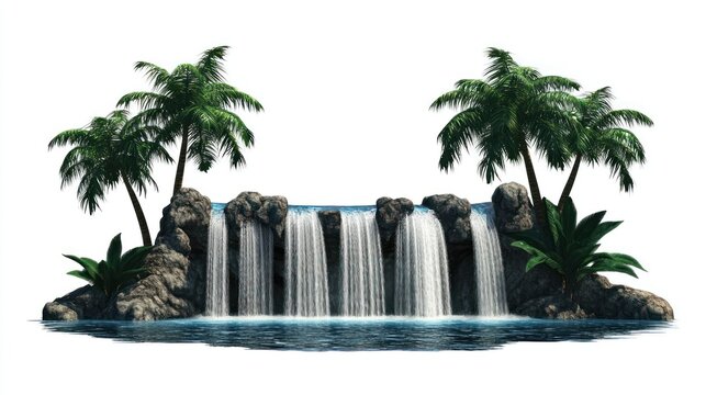 A serene digital rendering of a small waterfall cascading over dark rocks, flanked by lush palm trees and tropical plants, set against a white background