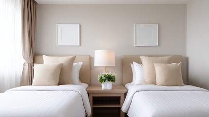 Poster - Cozy and Inviting Hotel Room with Two Beds, Natural Light, Elegant Decor, Neutral Colors, and Comfortable Amenities