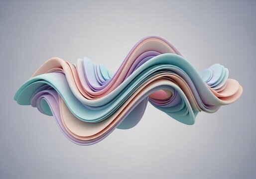 Soft flowing pastel colored layers create an abstract ribbon wave design on a muted gray gradient background in a modern style.