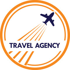 Aufkleber - Modern travel agency logo featuring a dark blue airplane soaring upwards with orange contrails within a circular orange border isolated on transparent background