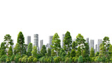 City skyline with green trees in the foreground on a white isolated background.