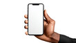 © Subin - Hand holding a smartphone with a blank screen, isolated on a white background.