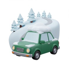  Green Car on Snowy Hill with Pine Trees