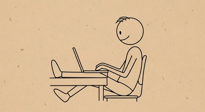 Simple Line Drawing of a Person Working on a Laptop with Relaxed Posture