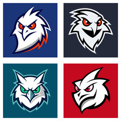Poster - Four square panels displaying stylized white owl head logos with different colors and backgrounds variations