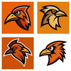 Poster - Four bird heads in square frames with different designs and color schemes on an orange background art