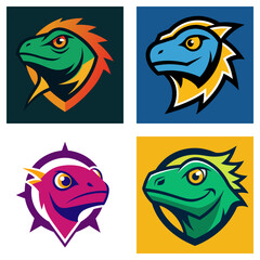 Poster - Four colorful stylized lizard head logos each with unique backgrounds and design elements presented