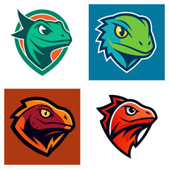 Poster - Illustration showing four different stylized lizard heads with varying colors and background shapes designs