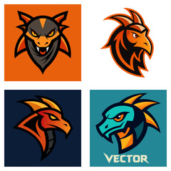 Poster - Collection of four stylized mascot logos featuring dragon and eagle heads in various color schemes and designs