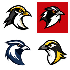 Poster - Illustrations of bird heads in various colors and styles on a white and red background design art
