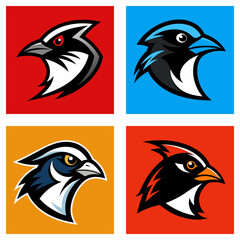 Poster - Four square images displaying bird head logos with different colors and design variations shown well here