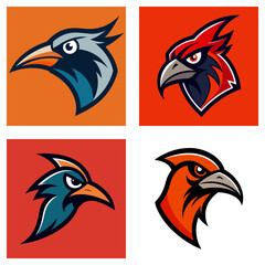 Poster - Four square panels showcasing stylized bird head logos in various colors and designs with sharp features