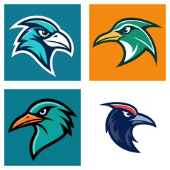 Poster - Four square images displaying stylized bird head logos in different colors and designs variations shown