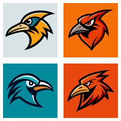 Poster - Four square panels displaying stylized bird head logos in various colors and designs in vector art