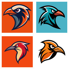 Poster - Four square images displaying stylized bird head logos in different color schemes and backgrounds