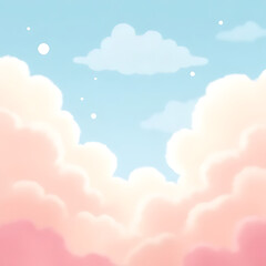Aufkleber - Pastel sky illustration with fluffy pink and white clouds and small white stars against a light blue background