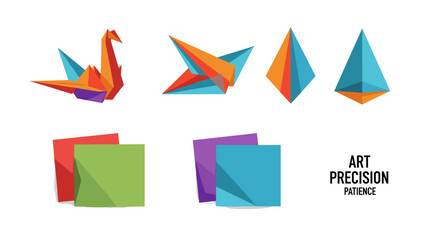 Poster - Geometric origami crane and abstract shapes in vibrant colors with folded paper art illustration style
