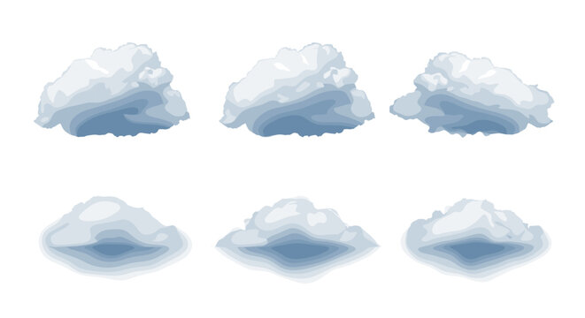 Six watercolor renderings of fluffy white cotton balls arranged in two rows on a white background