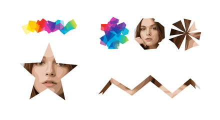 Poster - Abstract image featuring geometric shapes filled with colorful patterns and a woman's face cutouts
