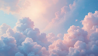Aufkleber - Pastel sky with fluffy pink and white clouds illuminated by soft sunlight and scattered stars in a dreamy atmosphere