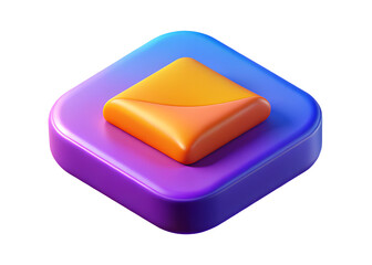 Poster - Abstract 3d render of a glossy rounded square icon with a layered orange diamond shape on top showcasing a vibrant gradient from purple to blue