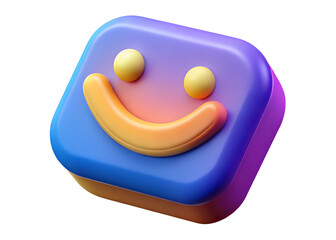 Poster - A 3d rendered rounded square icon with a cheerful smiley face and a gradient color palette of blue purple and orange against a white background