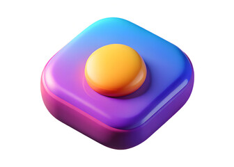 Poster - A vibrant 3d abstract shape with a glossy yellow sphere resting on a rounded square base featuring a smooth gradient from blue to purple and pink