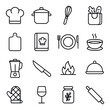 © Fortune228 - Culinary Lifeicons. line art icons. chef’s hat, cooking pot, whisk icon, grocery bag, cutting board, recipe book, plate setting, soup bowl, blender, knife icon, stove flame, dish