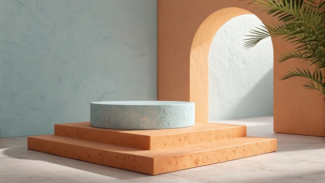 Minimalist podium with geometric shapes and an archway creates a modern and stylish presentation stage