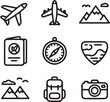 © Rumana Icon Lab - Travel Icons Airplane, Mountains, Passport, Compass, Backpack, Camera