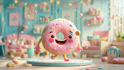 Poster - Cartoon character is jumping in the air with a pink donut. The room is decorated with pink and white colors, and there are several donuts scattered around the room