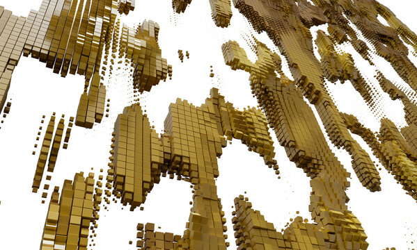 High-resolution image of an abstract gold cube structure. Perfect for backgrounds, technology, and luxury designs.
