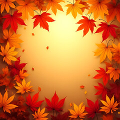 Aufkleber - Autumnal arrangement of vibrant red orange and yellow maple leaves forming a border with a warm golden background