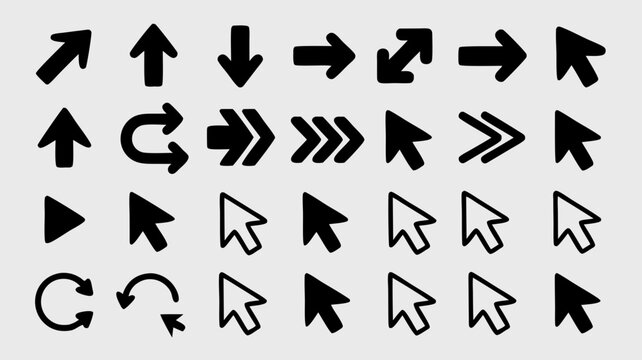 Collection of arrow and cursor icons. Perfect for web design projects, presentations, illustrations, and digital marketing materials. Great visual aids.
