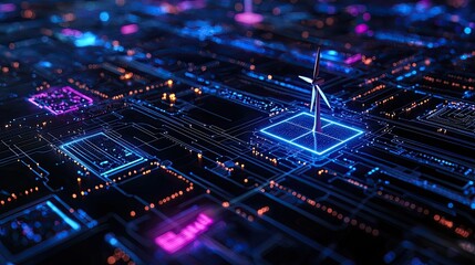 Poster - Futuristic Digital Landscape with Neon Lights and Wind Turbine