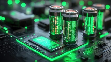 Poster - Futuristic Circuit Board with Neon Green Tubes and Digital Elements