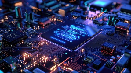 Poster - Futuristic Digital Circuit Board with Glowing Microchip Design