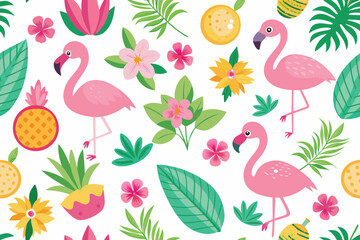 Poster - Seamless Pattern with Pink Cartoon Animals and Elements for Fabric or Background