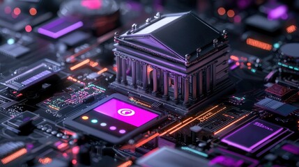 Poster - Futuristic Digital Structure on Circuit Board with Colorful Lights