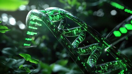 Poster - Futuristic Green DNA Helix Design in Lush Nature Setting