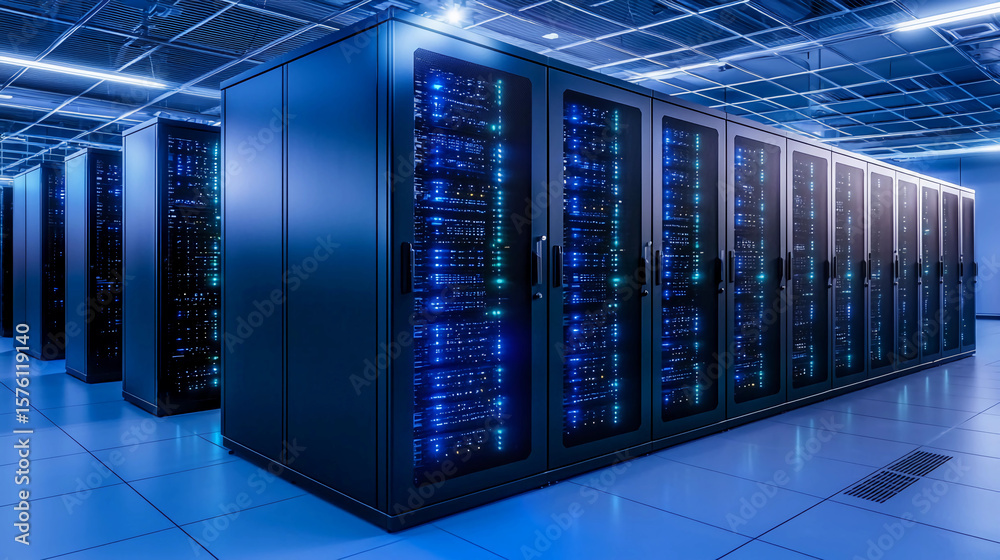 A modern data center with rows of server racks illuminated by blue LED ...