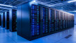 © Dzunstock - A modern data center with rows of server racks illuminated by blue LED lights in a clean, high-tech environment.