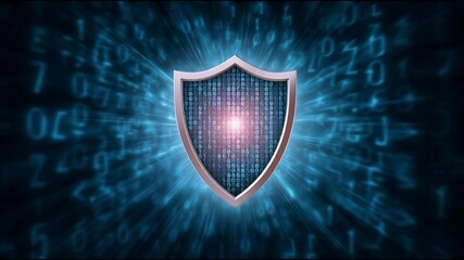 Poster - Digital shield with glowing binary code symbolizes cybersecurity protection and data safety through advanced technology ensuring secure digital environments and robust data protection systems